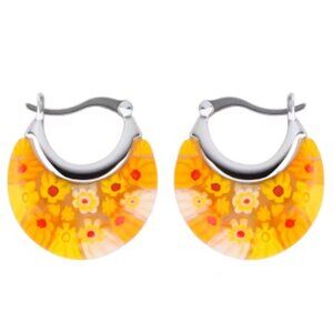 Yellow Murano Style Glass Hoop Earrings for Women Daisy Flower Stainless Steel